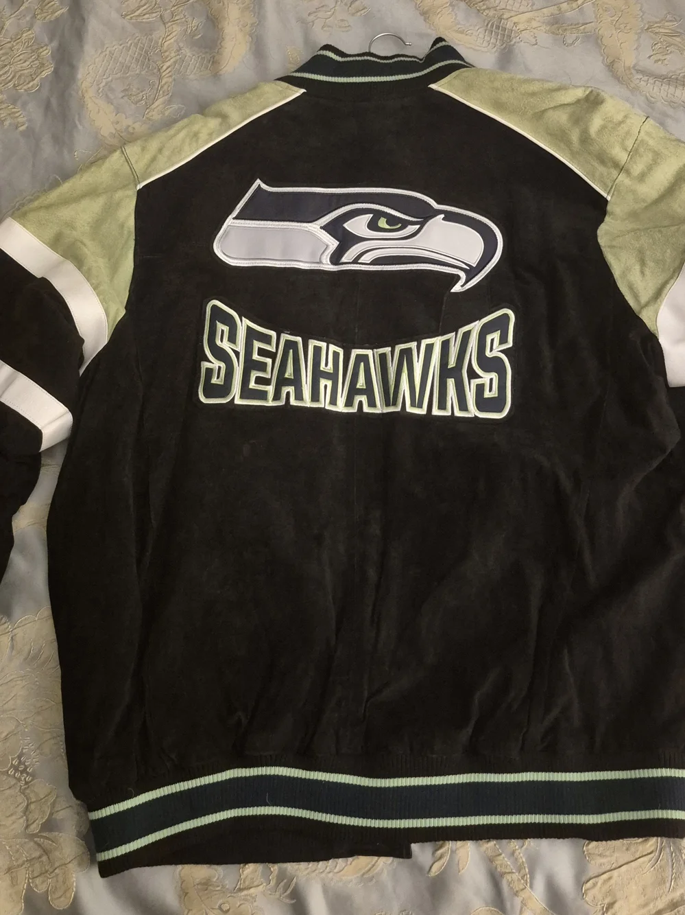 Team Apparel Seattle Seahawks Black, Neon Green & Navy Varsity Bomber Jacket